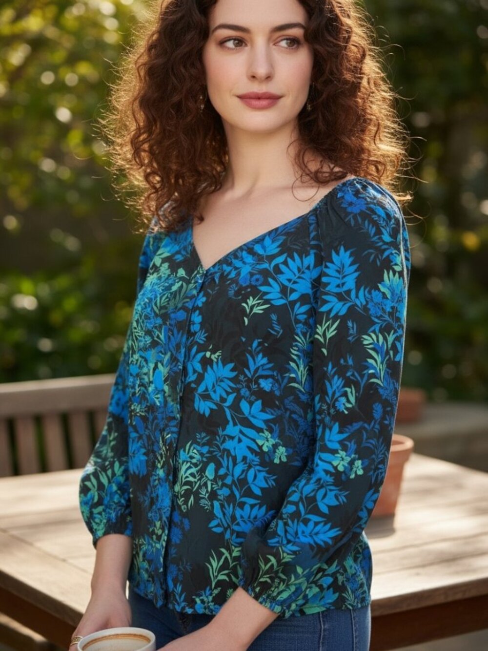 Liverpool Los Angeles Blouse Womens Small Blue Floral Long Sleeve Rayon Top